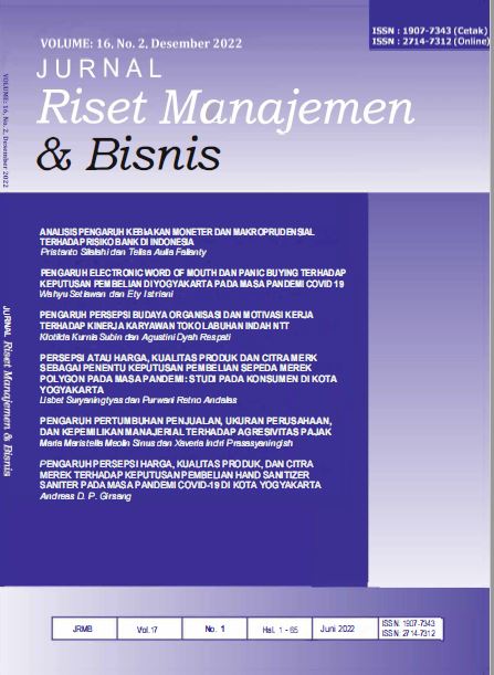 					View Vol. 17 No. 1 (2022): Jurnal Riset Manajemen dan Bisnis
				